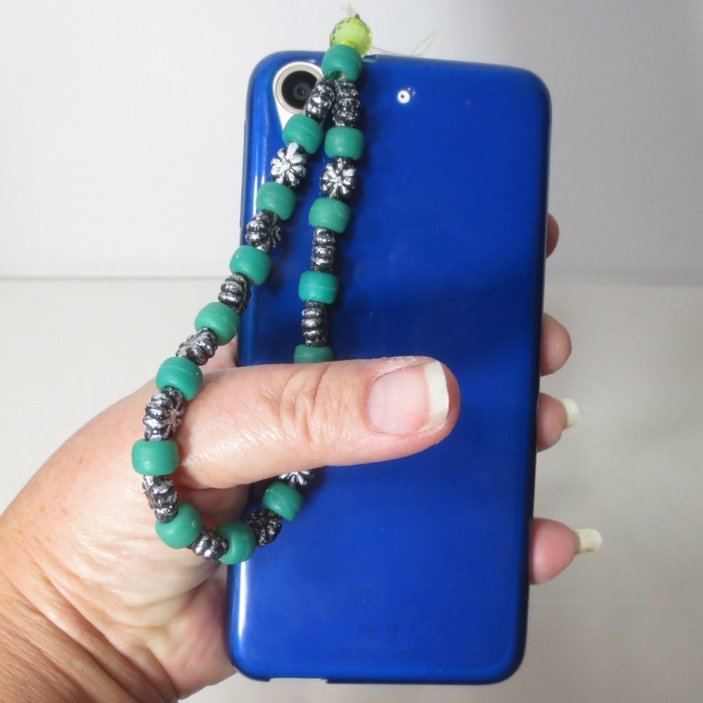 Handmade Stretch Bracelet Green and Silver Beaded Phone Charm Accessory Lanyard